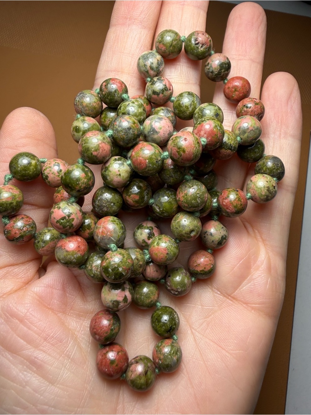 Vintage Individually Knotted Unakite Stone Bead Necklace